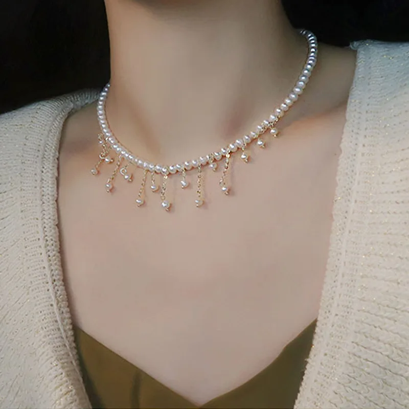

Fashion Water Drop Simulated Pearl Tassel Necklaces for Women Baroque Clavicle Bead Necklace Statement Jewelry