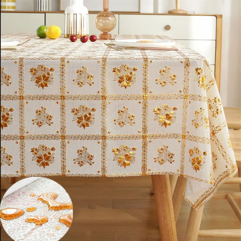

Bronzing Floral Waterproof Table Cloth Oil-proof Gold Plastic Anti-scald Rectangular Tablecloth Coffee Table Mat Home Decor