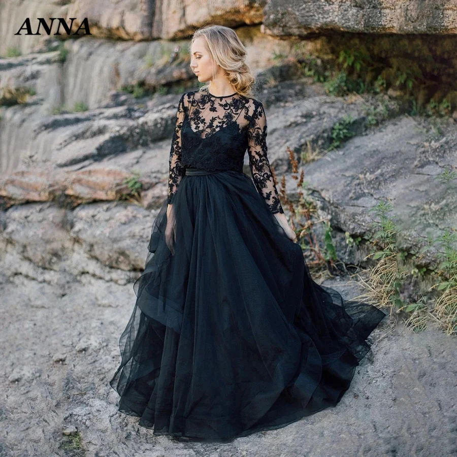 

Anna Beauty Wedding Dress 2022 Gothic Black Appliques Scoop Long Sleeve A-Line Sashes Vestido De Noiva Civil Custom Made