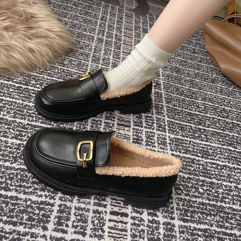

All-match Thick-heeled Fur Shoes Women 2022 Autumn Winter New British Style Small Leather Shoes Women Plus Velvet Korean Version
