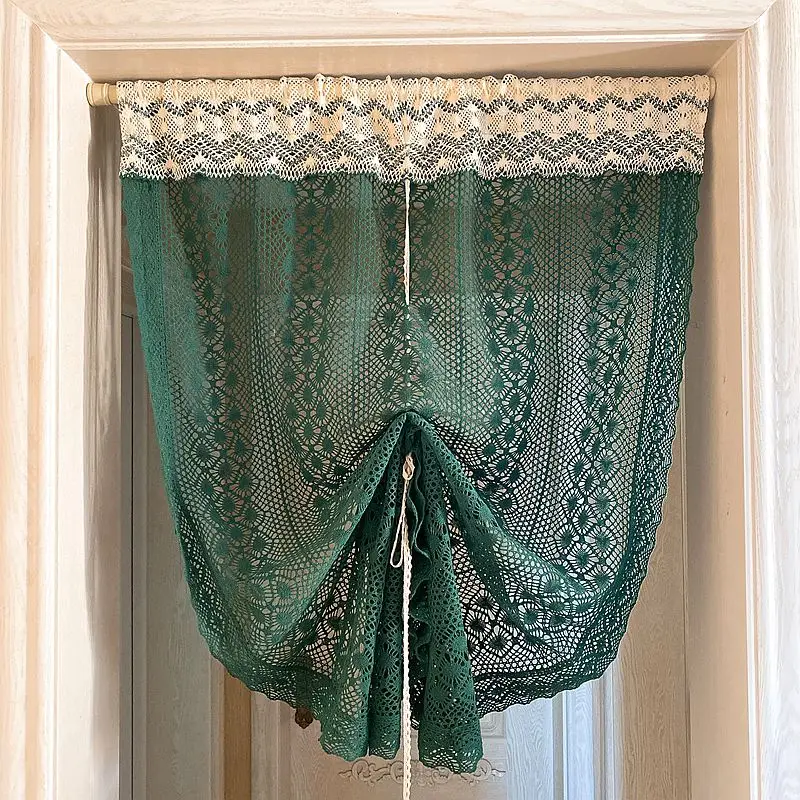

Boho Emerald Roman Curtains for Kitchen Farmhouse Retro Tie-Up Window Door Openwork Cotton Handmade Crochet Balloon Drapes