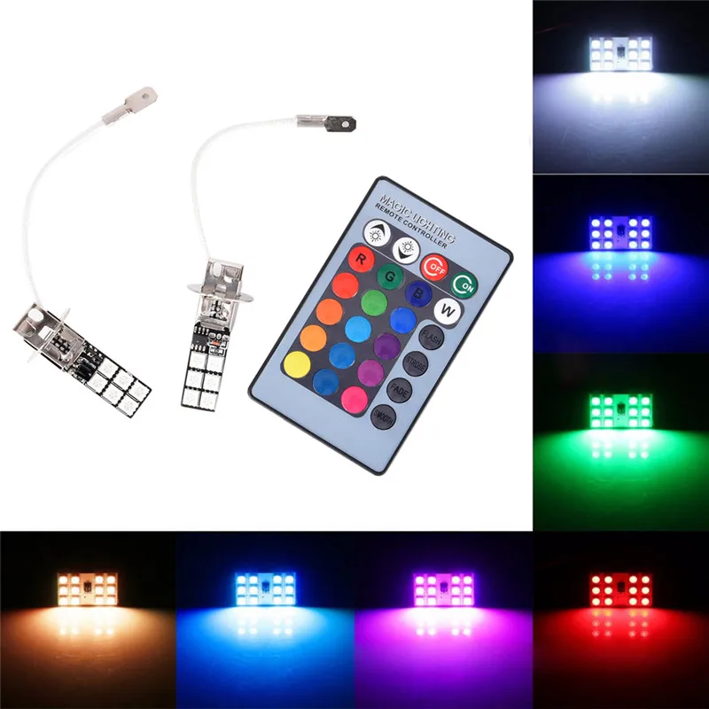 

LED Headlamps Steering Lights Fog Daylight Indicators RGB 2pcs with Remote Control H1 H3 5050 12 SMD Colourful