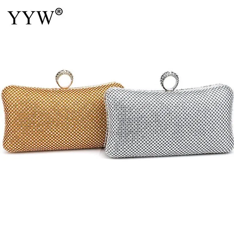 

Luxury Rhinestone Beads Lady Evening Prom Handbag Diamond Ring Clutch Messenger Bag with Handle Elegant Women Metal Chain Purse