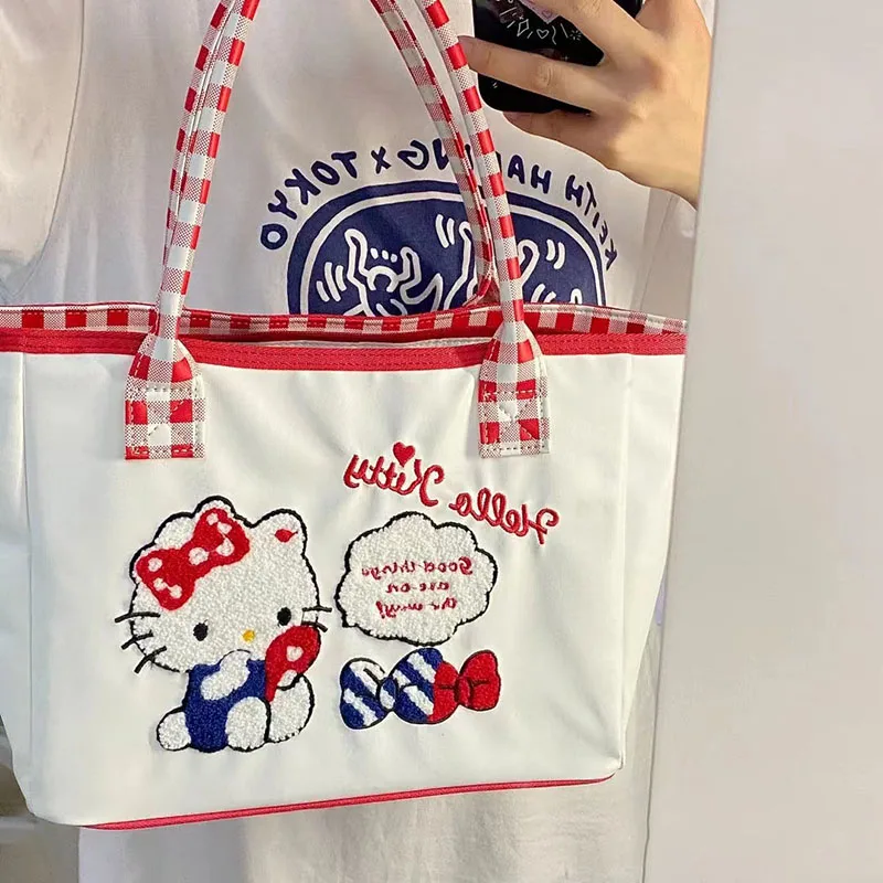 

Мультяшная кавайная Сумка-тоут Sanrio Hellokittyed, милая Студенческая модная вместительная белая клетчатая сумка через плечо для девушек