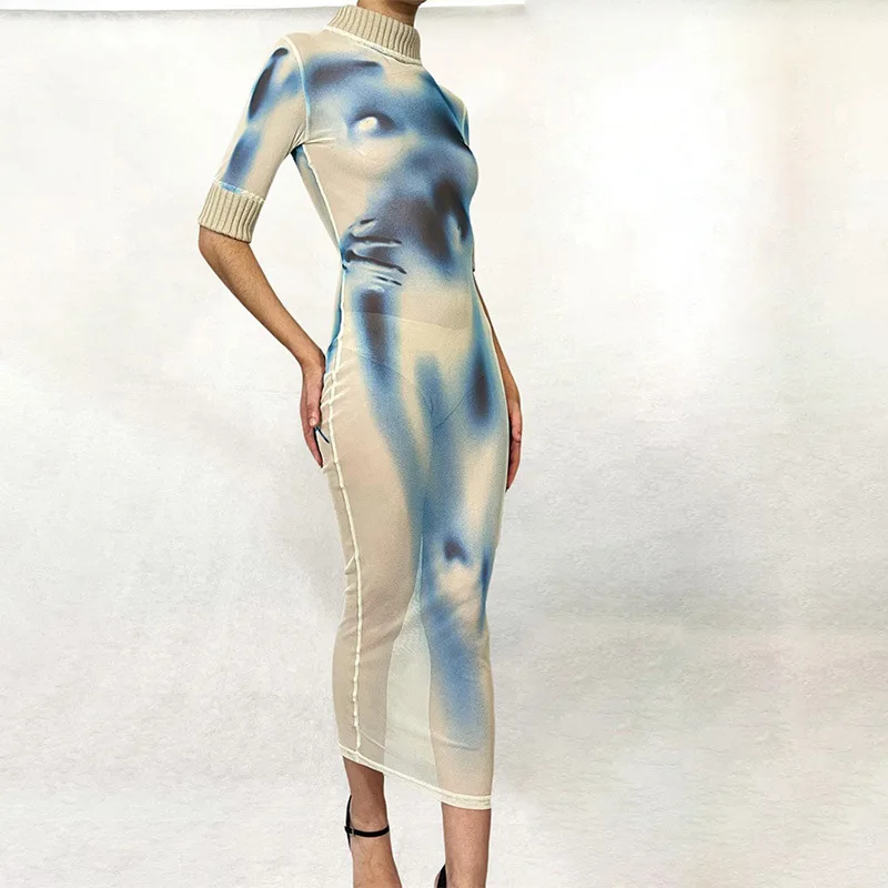 

Women Bodycon Dress High Neck Short Sleeve Ribbed Cuff Abstract Printed Mesh Skinny Long Dresses