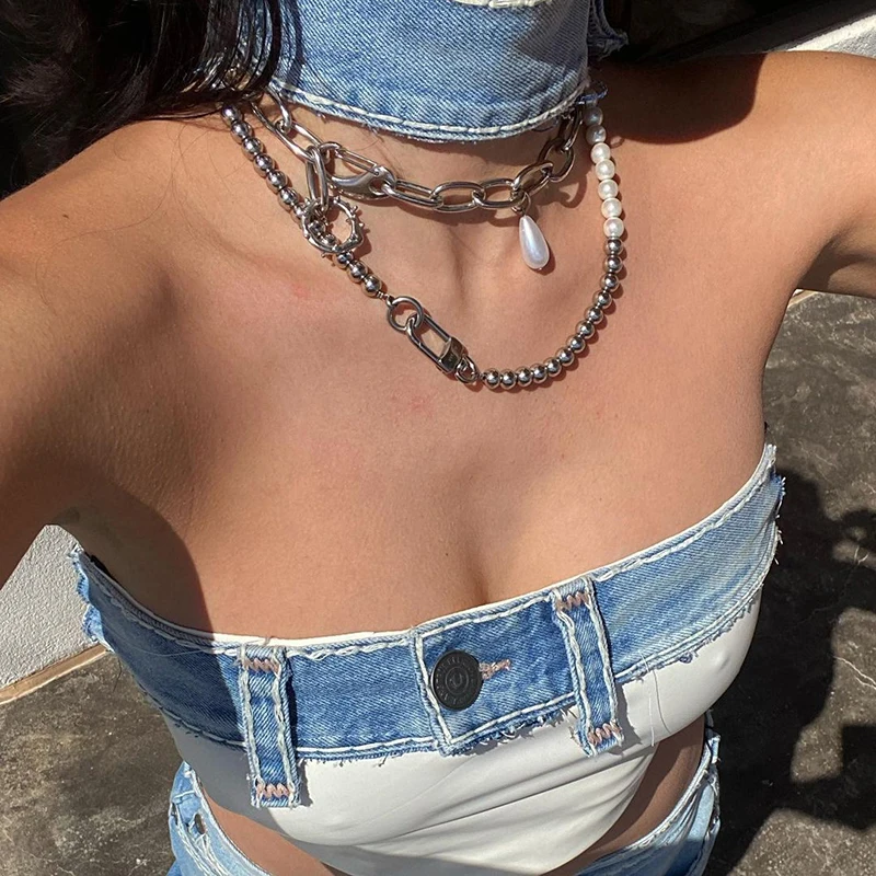 

WeiYao Contrast Patchwork Choker Denim Tube Top Off Shoulder Strapless Slim Crop Tops Cool Cow Girl Summer Streetwear Vest