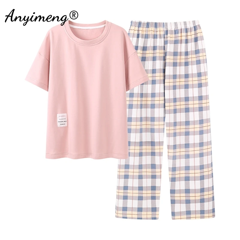 

Женский хлопковый пижамный комплект, длинные брюки с коротким рукавом, домашняя одежда, лето-весна, одежда для сна, пижама для отдыха для женщин, модная домашняя одежда