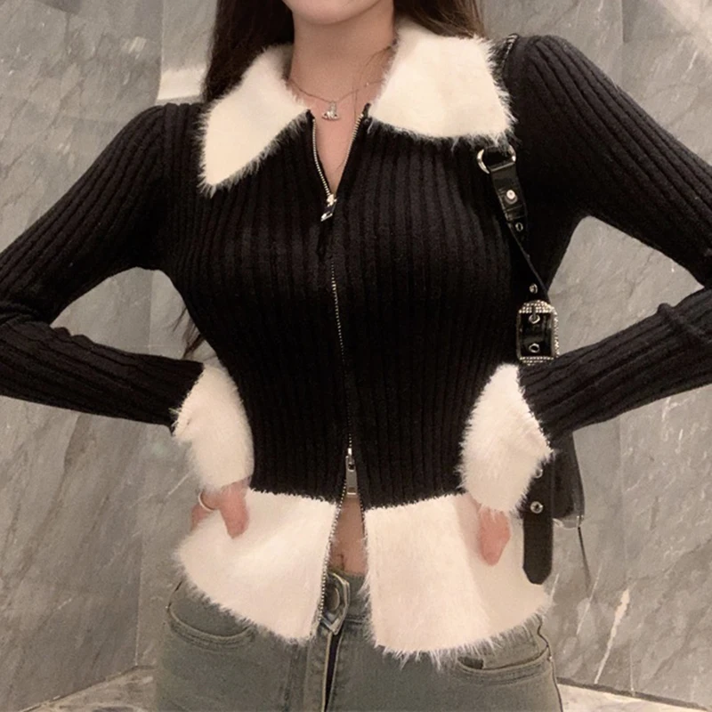 Вязаный топ в рубчик на молнии с нечетким воротником укороченный свитер длинными