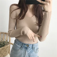 korean style slim sweater womens pullover casual v neck long sleeve knitted sweater womens pullover solid color basic sweater