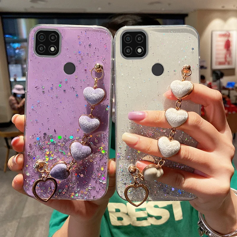 

Luxury Love Heart Plush Bracelet Phone Case For Realme C21 7 7i 8 8i Pro C11 C15 C25 C25Y A52 A72 A16 Wrist Chain Silicon Cover