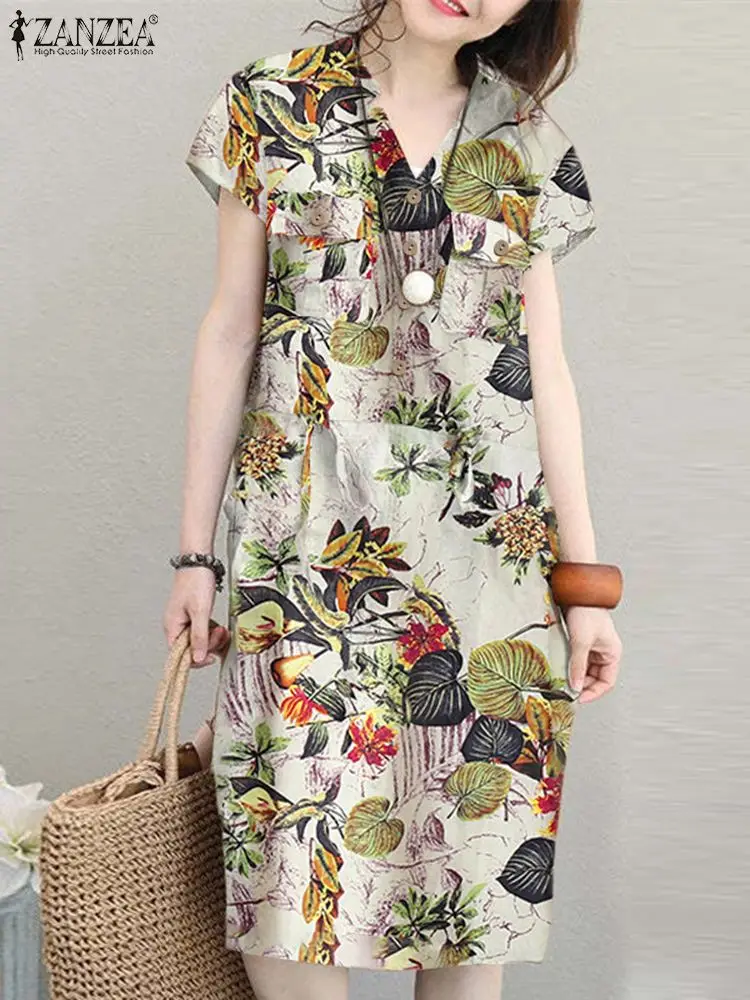 

Лето 2022, сарафан ZANZEA с цветочным принтом, богемное элегантное платье, женские платья с коротким рукавом и V-образным вырезом, праздничный Пов...