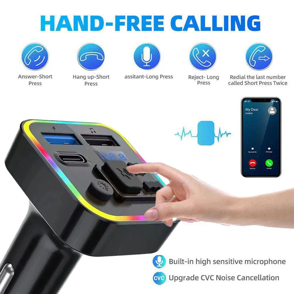 

1 Pcs Bluetooth Car 5.0 FM MP3 Player Type-C Dual USB Car Charging Transmitter Color Fast Light Vehicle MP3 Ambient FM QC3. E7W9