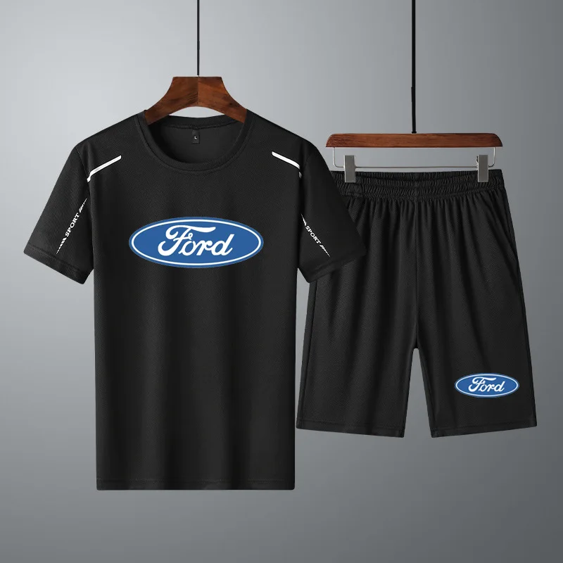 

High qualityFashion Casual Men's short sleeve Ford Car Logo Printing Summer Pure cotton Men's T-shirt+shorts 2 piece suit