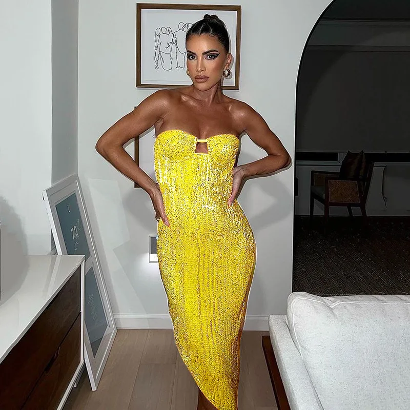 Women Sexy Off-Shoulder Party Dress Strapless Backless Sleeveless Clubwear Fashion Sequined High Split Yellow Nightclub Dresses