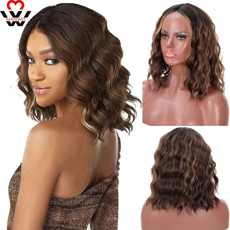 MANWEI Medium Water Wave Synthetic Wigs Natural Dark Brown Bob Daily Hair Front Lace for Women Heat Resistant Fiber