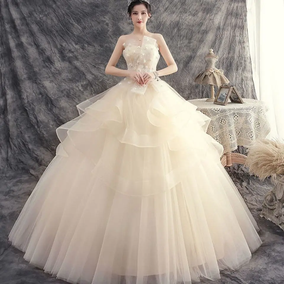 

2022 New Bride Wedding High Waist Pregnant Woman Simple Bra Princess Temperament White Wedding Dress Champagne Wedding Dress