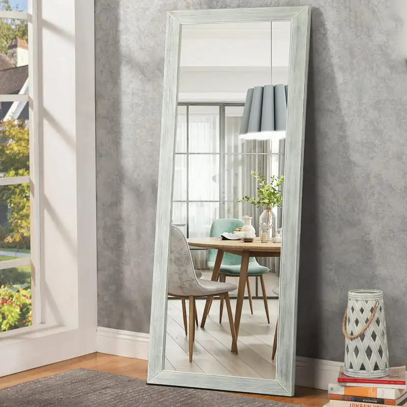 

Solid Wood Full Length Mirror with Standing Holder Floor Mirror Rectangular Wall Mounted Mirror Hanging Leaning, White