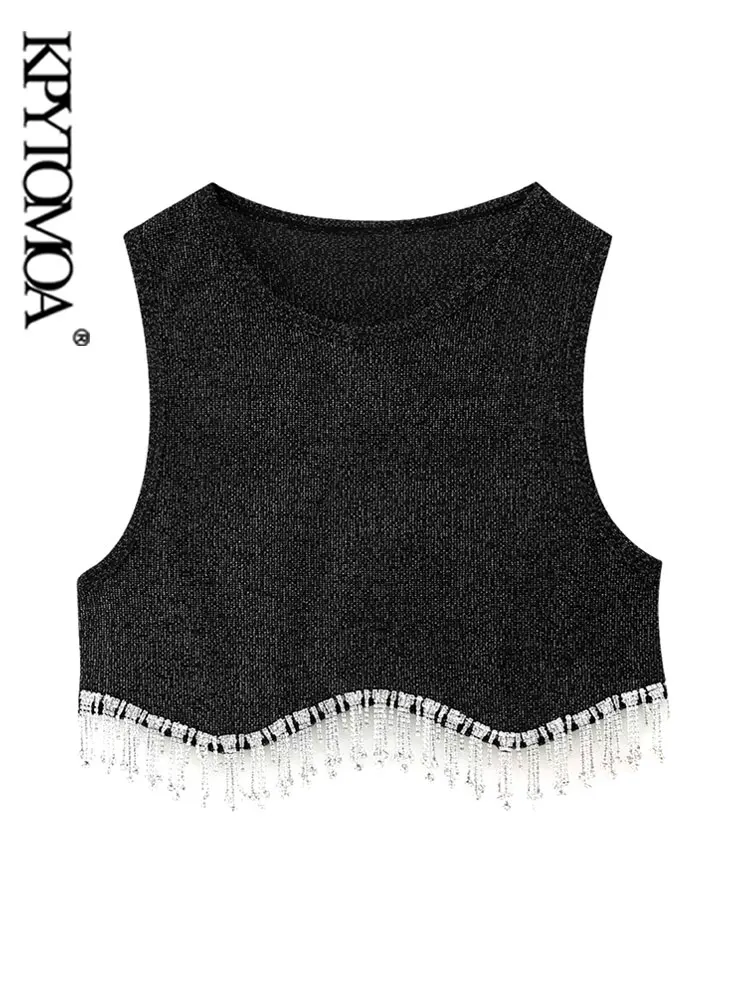 

KPYTOMOA Женская мода с драгоценными камнями кисточками Асимметричный кроп-трикотажный топ винтажный с круглым вырезом без рукавов женский Camis...
