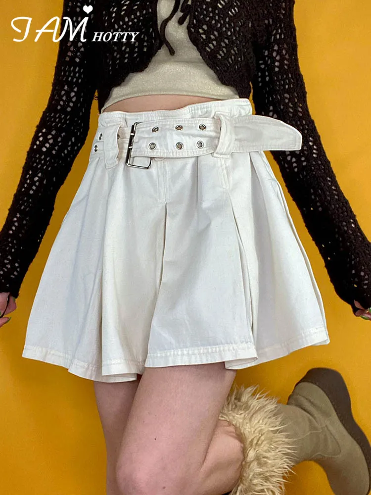 

IAMHOTTY White Pleated Denim Skirt With Sashes A Line Short Jeans Skirts Fairycore Grunge Miniskirt Korean Fashion Kawaii Bottom