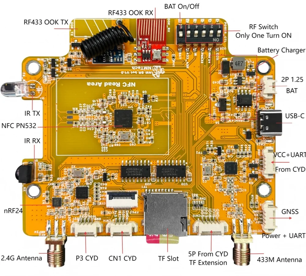Фото Мультидиапазонный радиочастотный модуль NM-RF-Hat Companion Hat для ESP32-2432S028 Bruce CYD CC1101 nRF24 PN532 IR TX/RX 433M OOK с управлением питанием и слотом для TF-карты №2