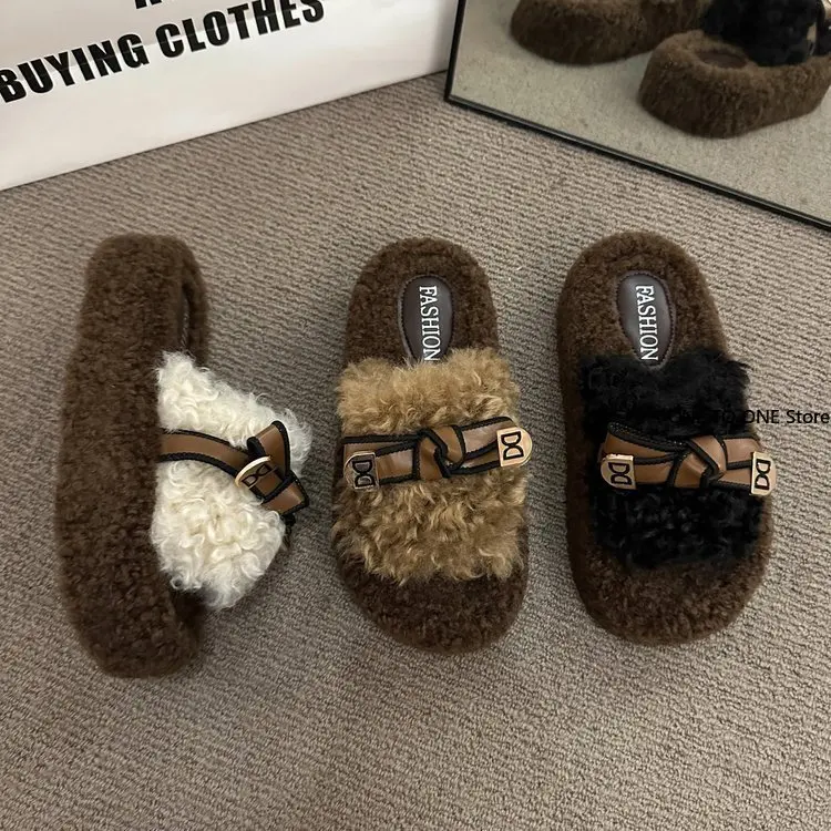 Обувь Женские тапочки на платформе из флока с мехом Шлепанцы средним носком