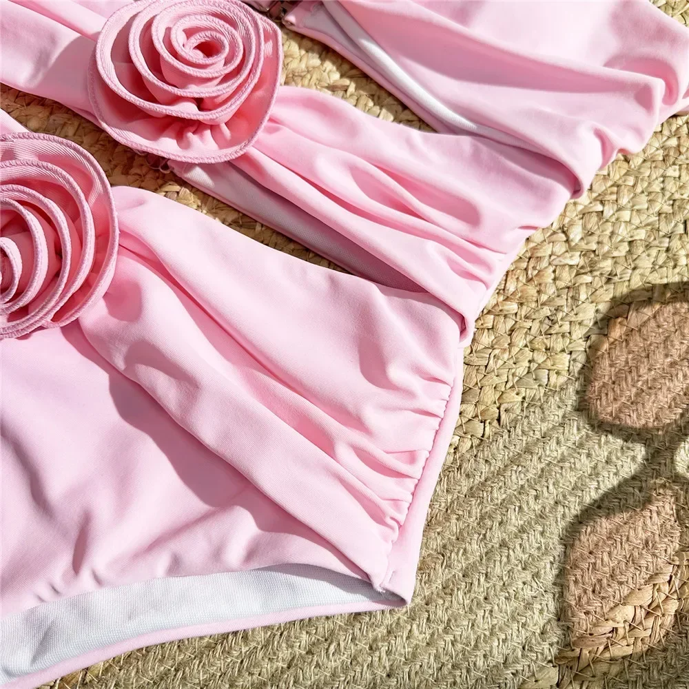 Сексуальный розовый купальник с 3D цветком женский цельный монокини вырезами