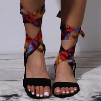 women bandage sandals female gladiator print summer beach flats ladies casual cross tied new shoes woman suede round head bottom