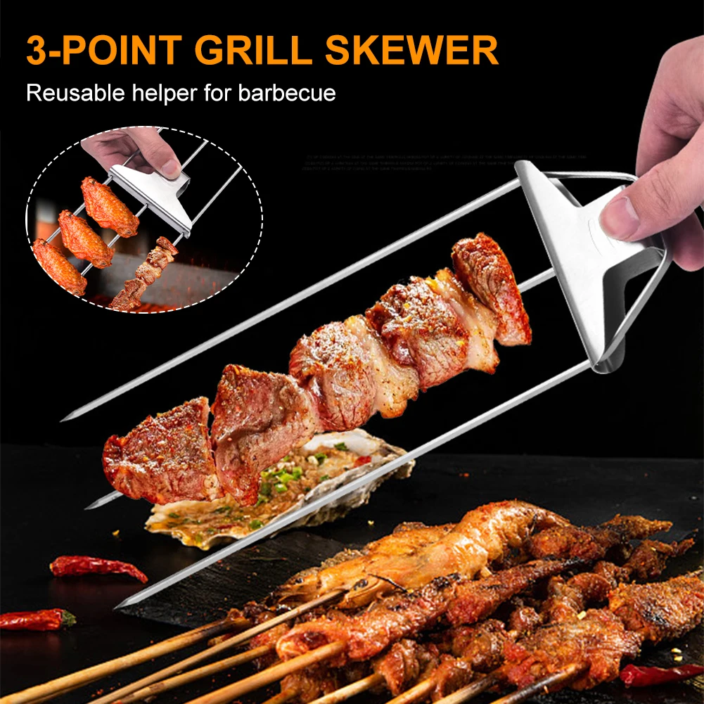 

1PC Stainless Steel Triple Grill Skewer BBQ Grilling Fork Kabob Skewer Stick Push Slider Dishwasher Safe for Meat Fish Vegetable