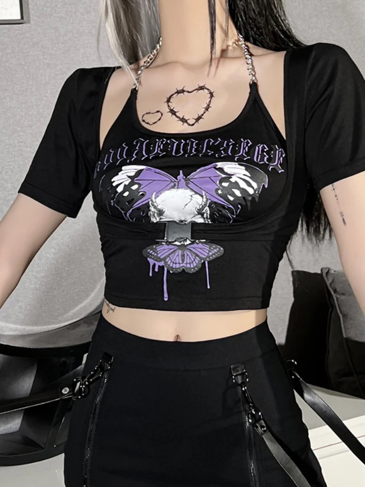 

Женская футболка с вырезами Goth Y2K, черный комплект из двух предметов с рисунком черепа и бабочки, стиль Харадзюку