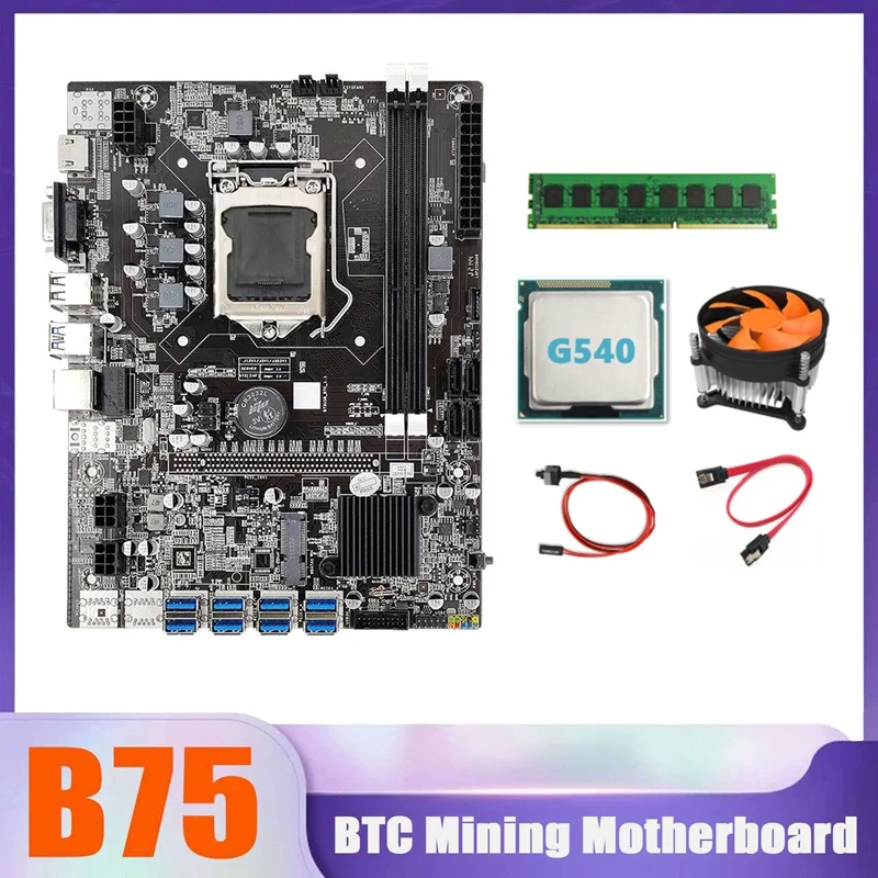 

Материнская плата B75 BTC Miner 8xusb + G540 CPU + DDR3 8G 1600 МГц ОЗУ + вентилятор охлаждения процессора + кабель SATA + кабель переключателя