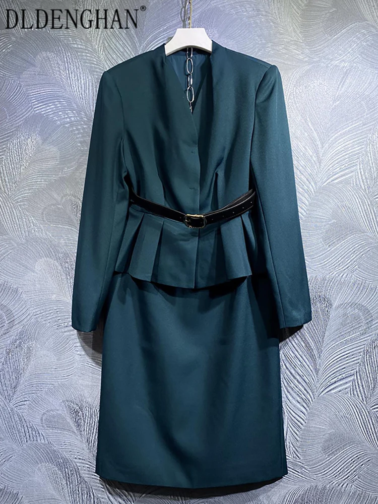 

Женские костюмы DLDENGHAN, пальто с V-образным вырезом и длинным рукавом и юбка-карандаш, офисный женский однотонный комплект из двух предметов, дизайнерский осенний Новый