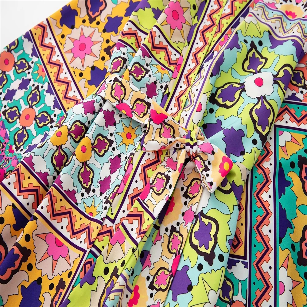 Женское Свободное пальто с длинным рукавом поясом и принтом в европейском