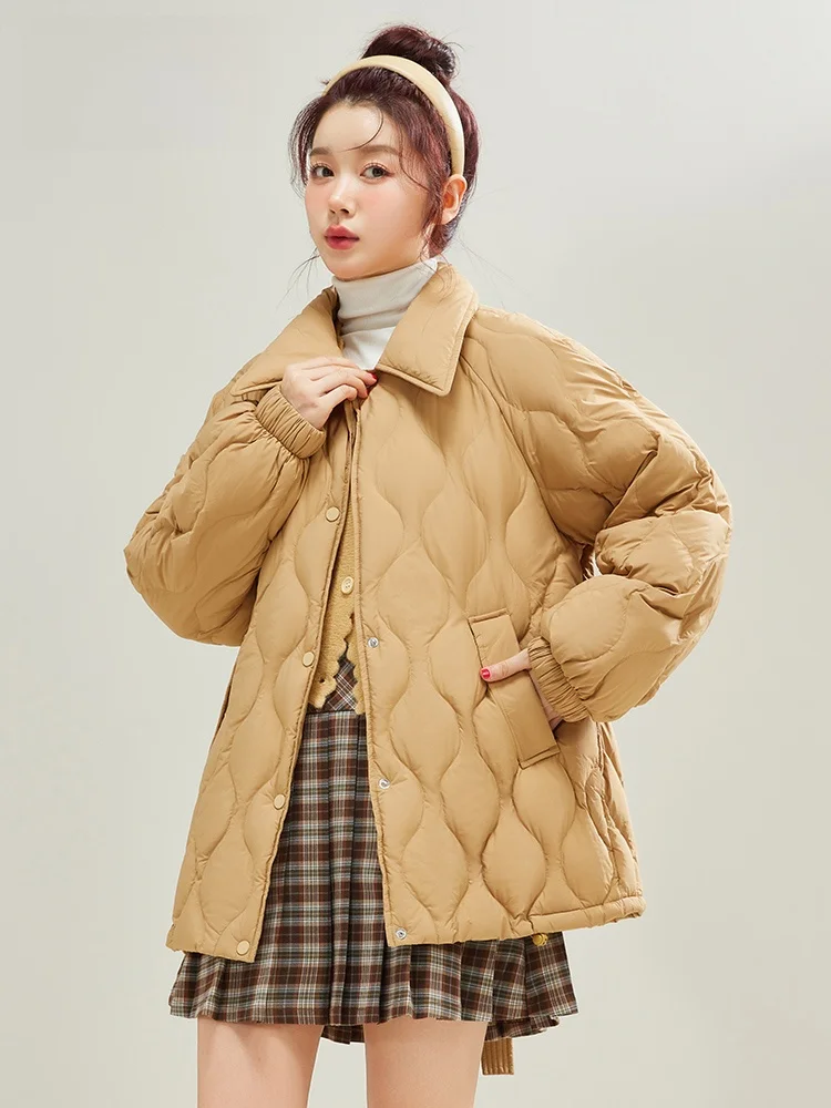 Snow Flng Mid-Length Waist Hugging Down jacket Women 2024 New Simple Shirt Collar Versatile Winter Fashion Outerwear