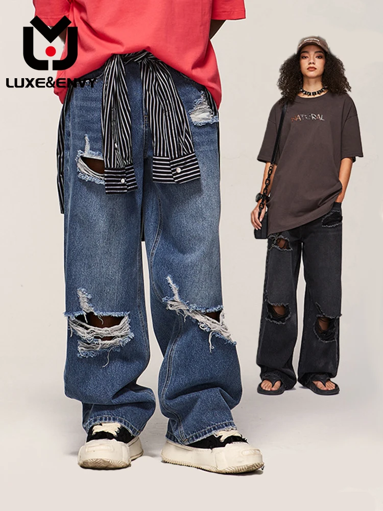 

Мужские рваные джинсовые брюки LUXE & ENVY, повседневные брюки из денима с широкими штанинами, модные уличные брюки, Новинка весна-осень 2023