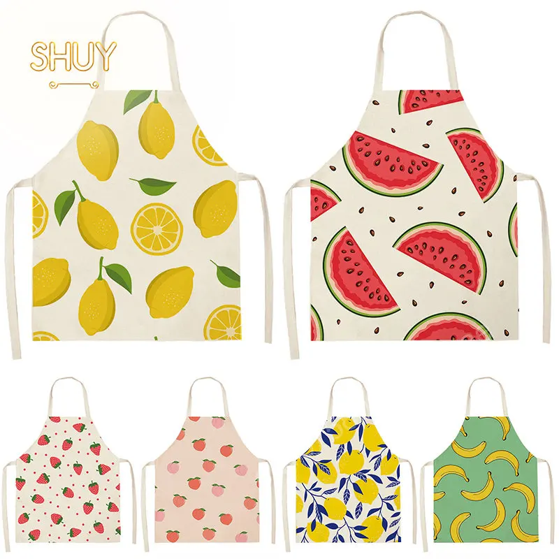 

Summer Fruit Pattern Kitchen Apron for Women Cotton Linen Bib Household Cleaning Pinafore Cooking Aprons Accessories 68*55 Cm