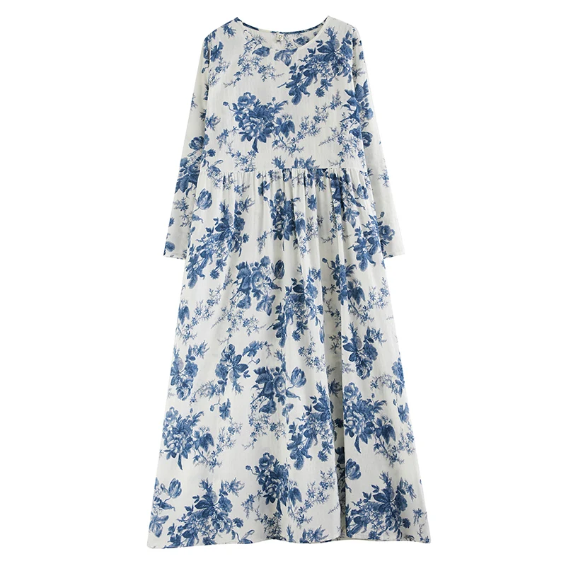 Женское винтажное платье NYFS Длинное свободное из хлопка и льна с принтом для
