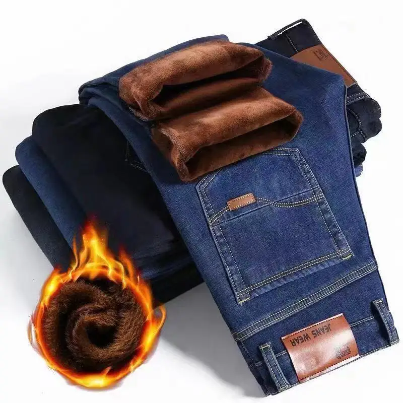 

Autumn Winter Stretch Plus Velvet Thick Baggy Jeans Men Black Blue Plus Size Trousers Warm Classic Business Casual Denim Pants