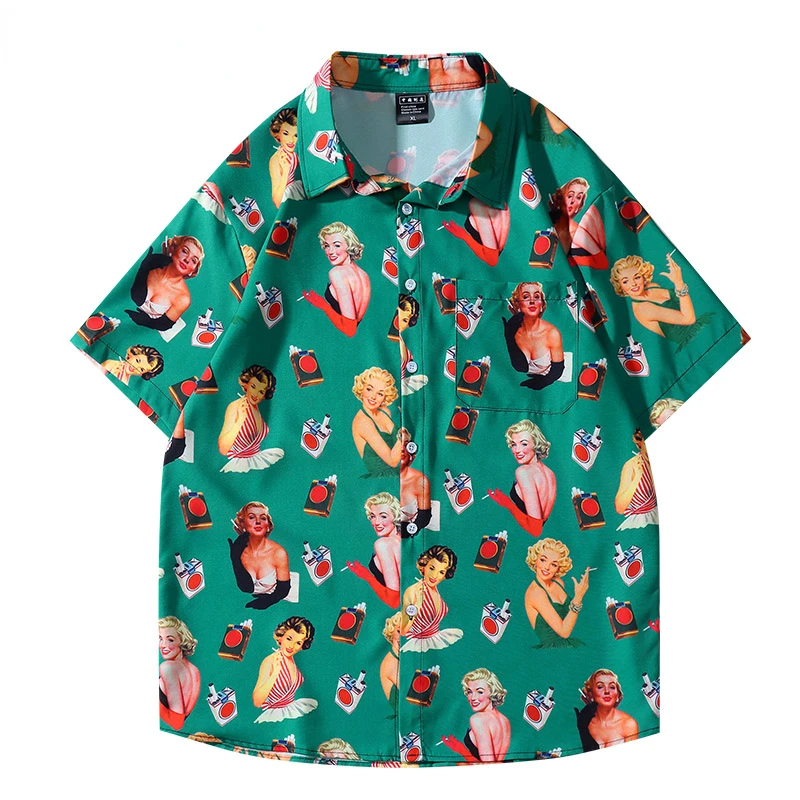 

Movie Character Print Button Social Shirt Men Hawaiian Y2K Punk Harajuku Retro Fashion Oversized Beach Short Sleeve Shirt Women