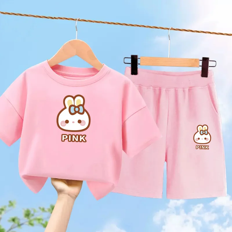 Модный комплект для девочек розовый топ с кроликом летние шорты детская одежда
