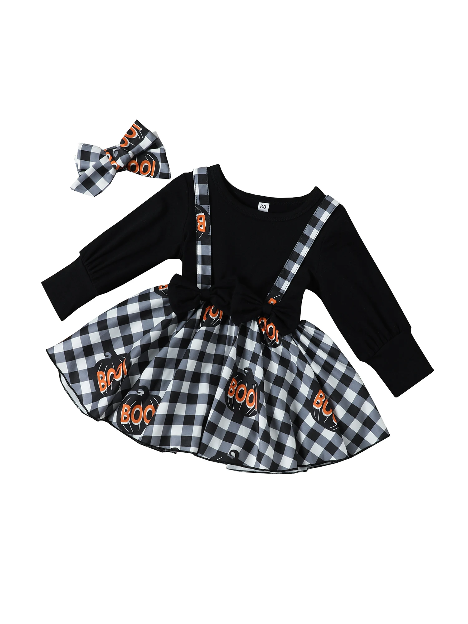 

Baby Girl Halloween Suspender Dress Long Sleeve Pumpkin Boo Tutu Romper Plaid Skirt Set Headband 1st Halloween Outfit