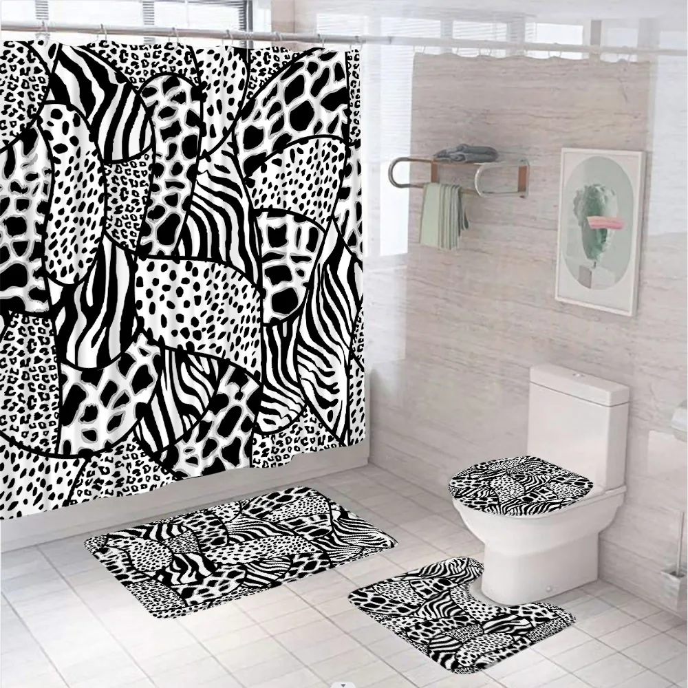 4Pcs Leopard Blue Shower Curtain Sets Animal Fur Texture Creative Bathroom Curtains Non-Slip Bath Mat Pedestal Rug Toilet Covers - купить по