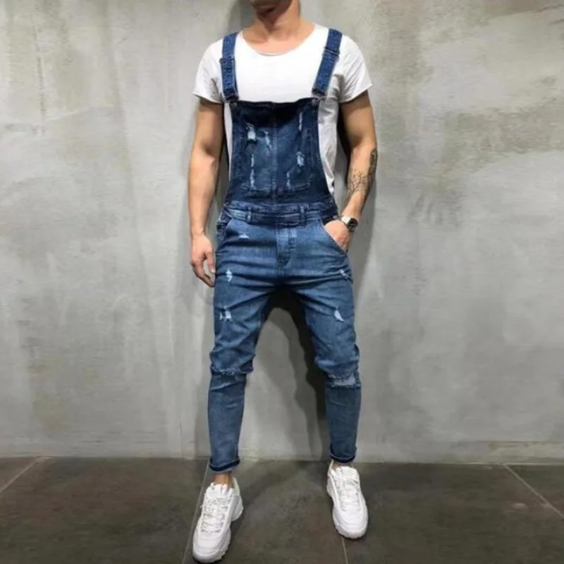 Fashionable Mens Suspender Denim Jumpsuit Ripped Jeans Full Length Overalls Streetwear Bibs Blue Pants Male Worn Rompers
