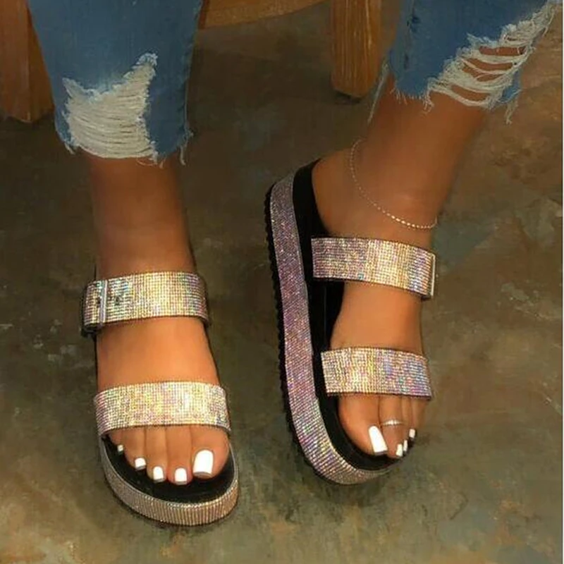 

Women Rhinestone Slippers Summer Casual Peep-toe Beach Shoes Double-layer Women Shoes Crystal Diamond Bling Flip Flops 2022