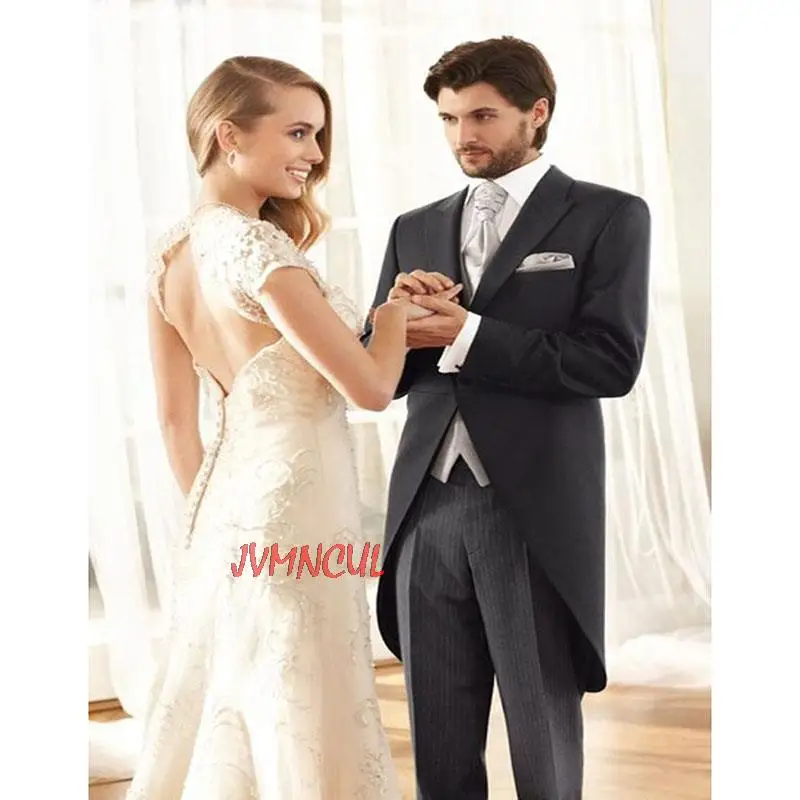 

Costume Homme Dress Coat Wedding Suits For Men Black Jacket Silver Vest Stripe Pants 3Pcs Groomsmen Slim Fit Party Wear Suits