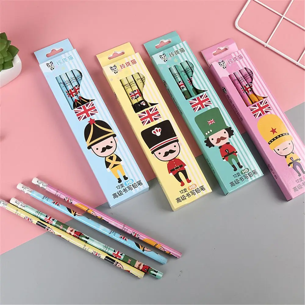 

12pcs/pack Cartoon Pencils with Erasers HB Wood Standard Pencil Set Kids Gifts Animal Flamingo London Soldiers Kawaii Stationery