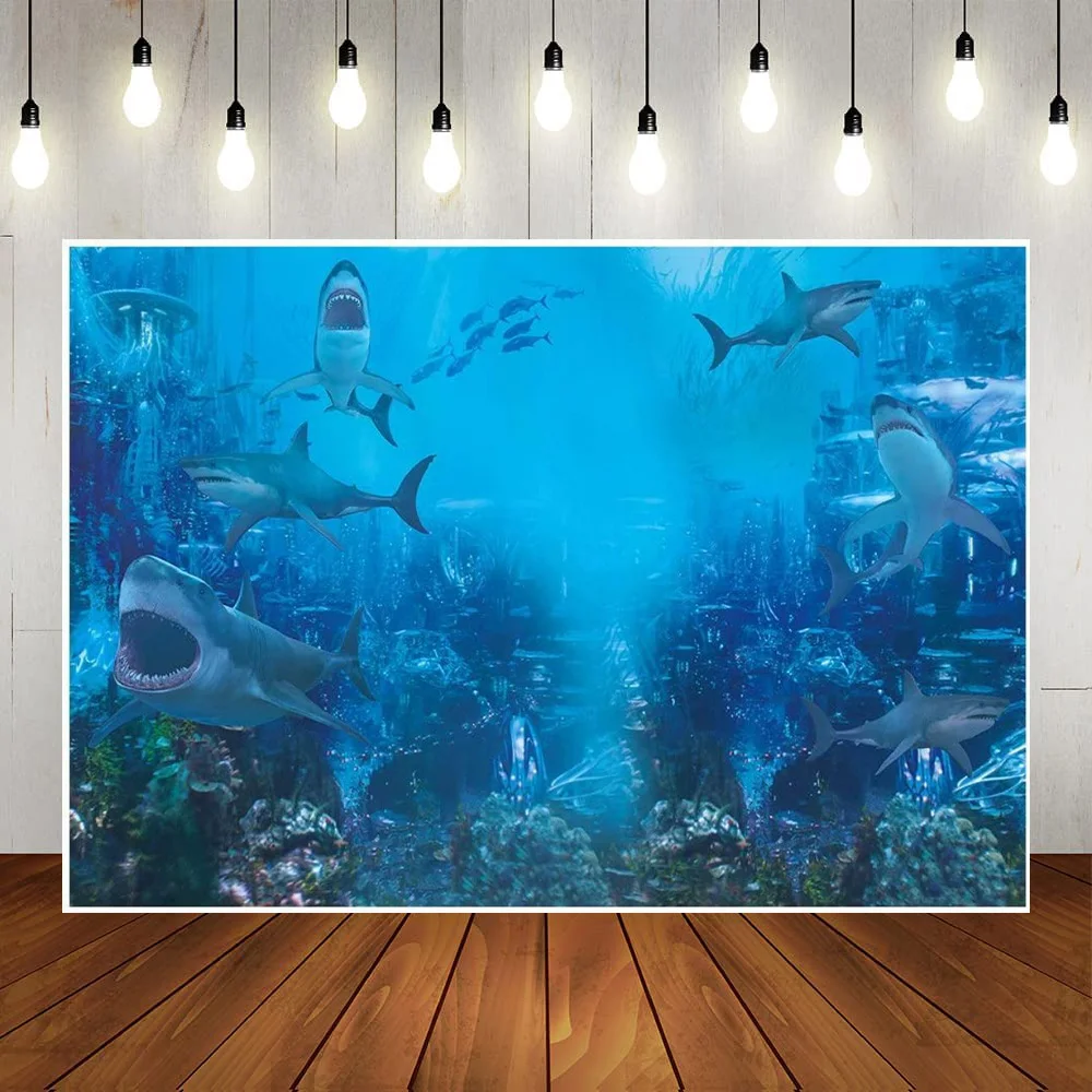 

Shark Under The Sea World Photography Backdrop for Birthday Party Banner Decor Aquarium Ocean Background Photo Booth