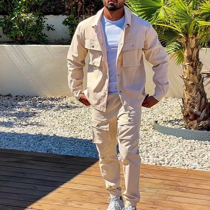 Slim Fit Men's Suit Solid Color Men Casual Fashion Long Sleeve Coat + Workwear Pants Trendy Men's Clothes