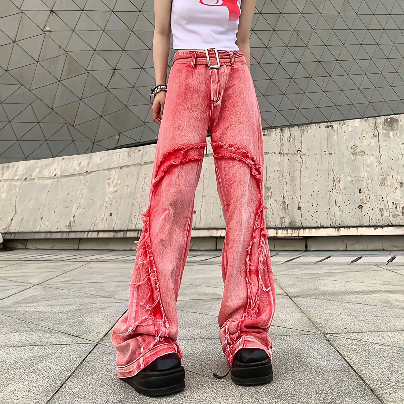 American Style Vintage Washed Raw Edge Fashion High Waist Casual Trousers Wide Leg Jeans Women Y2k Streetwear Baggy Pink Pants