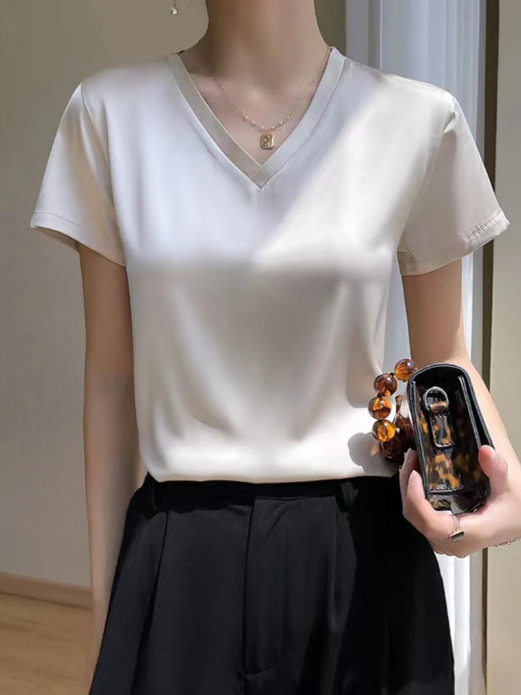

Summer Women's T-shirt Korean Fashion Satin V-neck Tees Short-sleeved Casual LOOSE Solid Champagne White Silk T-shirts Women