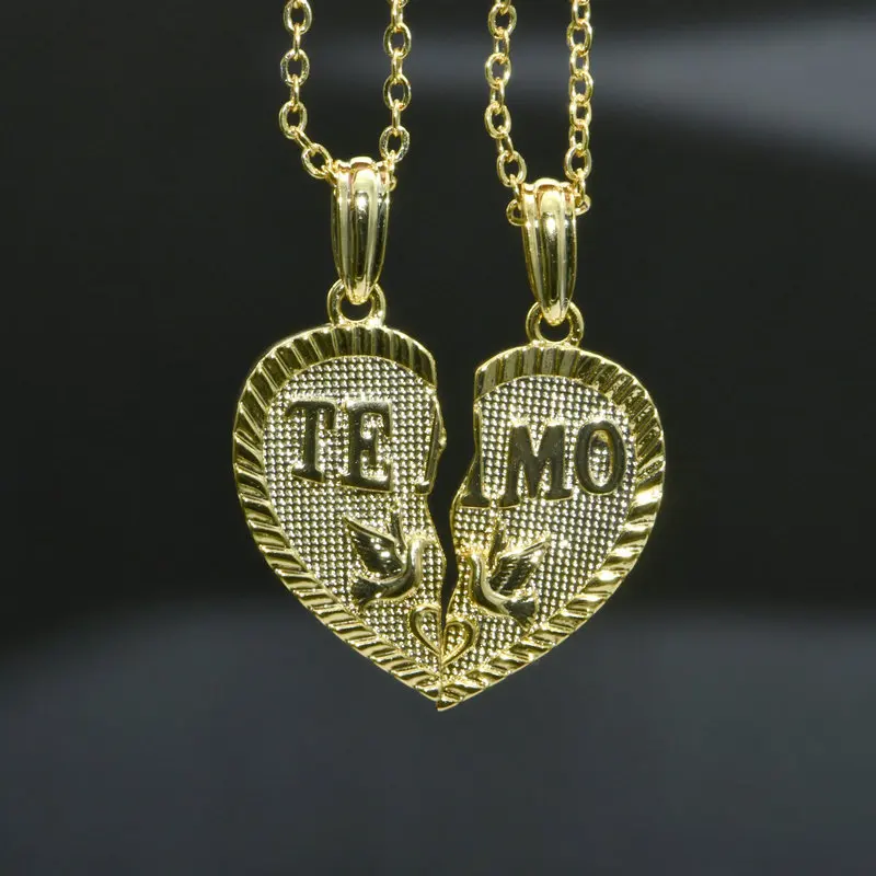 

Fashion Spanish Te Amo I Love You Bird Engraved Gold Plated Joining Together Jesus Christ Heart Shape Lovers Pendant Necklace